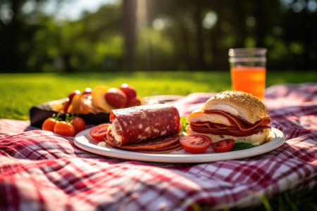 pepperoni pizza on a picnic blanket in a park setting, created with generative aiの素材