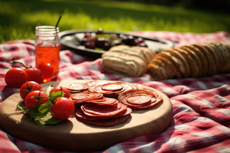 pepperoni pizza on a picnic blanket in a park setting, created with generative aiの素材