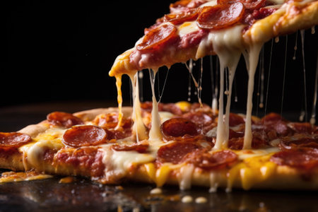 close-up of pepperoni pizza slice being lifted with melted cheese, created with generative aiの素材