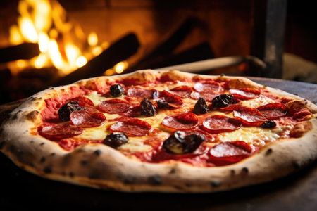 close-up of a freshly baked pepperoni pizza in a wood-fired oven, created with generative aiの素材