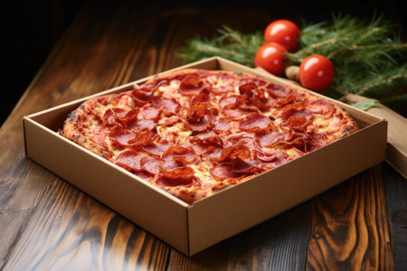 pepperoni pizza in a delivery box on a wooden table, created with generative aiの素材