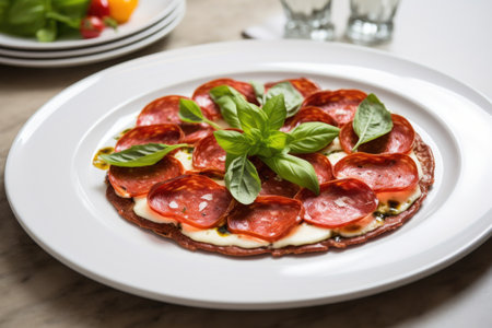 pepperoni pizza served on a white ceramic plate, garnished with fresh basil, created with generative aiの素材