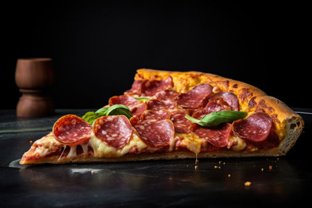 a pepperoni pizza slice with a bite taken out of it, created with generative aiの素材