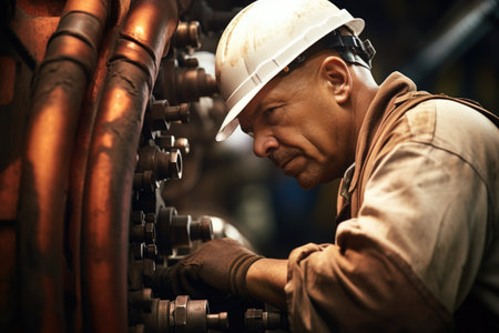close-up of a worker in a hard hat inspecting machinery in a petrochemical plant, created with generative aiの素材