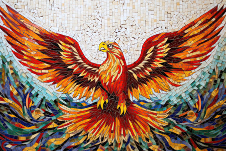 mosaic art of a phoenix with vibrant red, orange, and yellow tiles, created with generative aiの素材