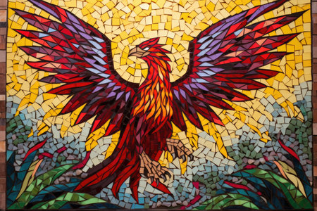 mosaic art of a phoenix with vibrant red, orange, and yellow tiles, created with generative aiの素材
