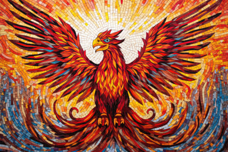 mosaic art of a phoenix with vibrant red, orange, and yellow tiles, created with generative aiの素材