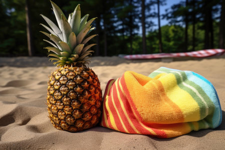 pineapple next to a beach ball and towel on the sand, created with generative aiの素材