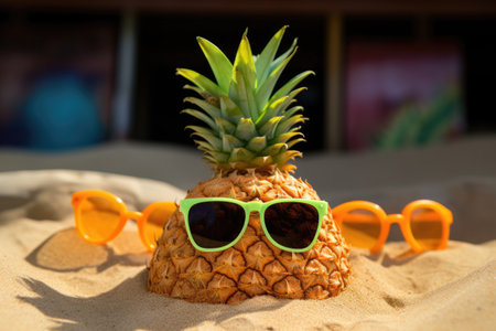 pineapple with sunglasses placed atop a pile of sand in a sandbox, created with generative aiの素材