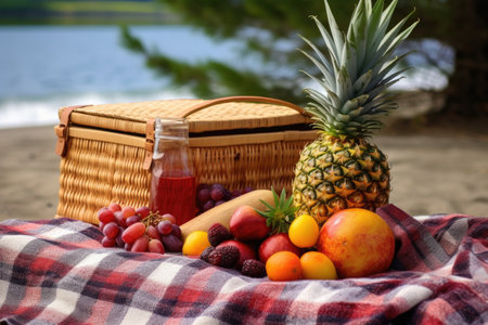 pineapple on a beach picnic blanket with fruits and a picnic basket, created with generative aiの素材