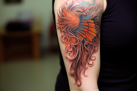 a close-up of a detailed phoenix firebird tattoo on someones arm, created with generative aiの素材