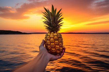 a sun-tanned hand holding a pineapple against a sunset over the ocean, created with generative aiの素材