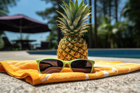 pineapple half placed on a beach towel with sunglasses and flip flops, created with generative aiの素材