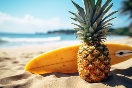 pineapple resting on a surfboard on a sunny beach, created with generative aiの素材