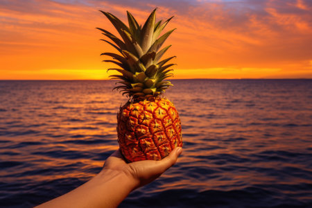 a sun-tanned hand holding a pineapple against a sunset over the ocean, created with generative aiの素材