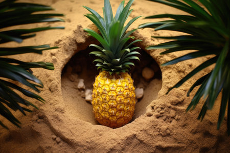 a pineapple inside a small, sand-made pit in a sandbox, created with generative aiの素材