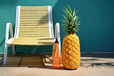 pineapple on a sun lounger with a sunscreen bottle next to it, created with generative aiの素材