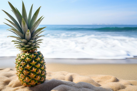 close-up shot of a pineapple on a sandy beach with sea waves in the background, created with generative aiの素材