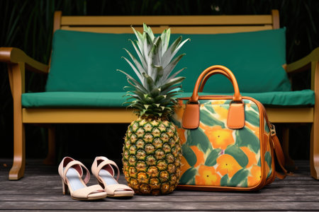 pineapple sitting on a wooden sun lounger with a beach bag and flip-flops, created with generative aiの素材