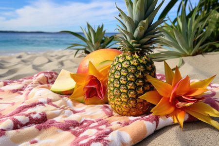 half-cut pineapple with tropical flowers on a beach picnic blanket, created with generative aiの素材