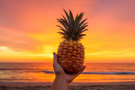 a hand holding a pineapple against a sunset sky at the beach, created with generative aiの素材