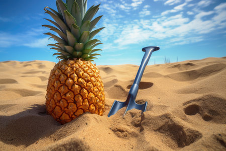 a pineapple buried halfway in the sand next to a plastic shovel, created with generative aiの素材