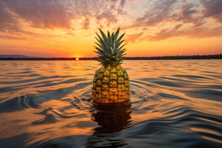 pineapple floating in the sea near the beach with a sunset background, created with generative aiの素材