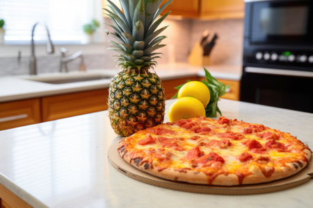 pineapple pizza in a delivery box, placed on a bright kitchen counter, created with generative aiの素材