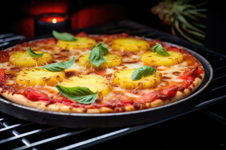 pineapple pizza baking in the oven with light golden crust, created with generative aiの素材