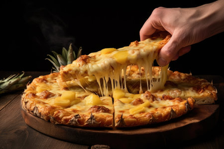 hands pulling apart a slice of pineapple pizza, cheese stretching, created with generative aiの素材