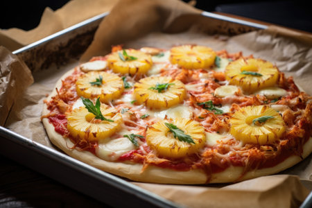 pineapple pizza baking in the oven with light golden crust, created with generative aiの素材