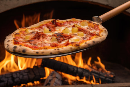 a pizza paddle lifting a pineapple pizza into a wood-fired oven, created with generative aiの素材