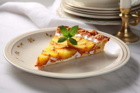 shot of a pineapple pizza slice served on a white porcelain plate, created with generative aiの素材