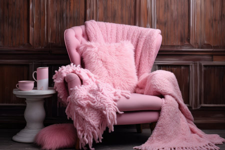 a pink armchair with a white fluffy pillow and a knitted blanket, created with generative aiの素材