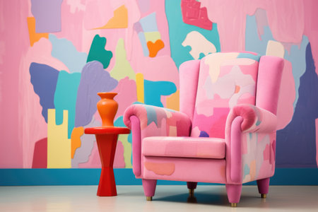 a pink armchair against a pastel colored wall with abstract art, created with generative aiの素材