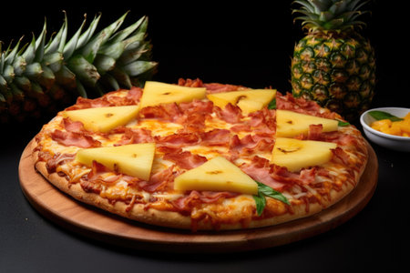 a pineapple pizza with a missing slice, displaying the cheesy string effect, created with generative aiの素材