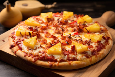 close-up shot of a freshly baked pineapple pizza on a wooden board, created with generative aiの素材