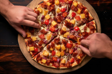 overhead shot of hands placing pineapple chunks on pizza dough, created with generative aiの素材