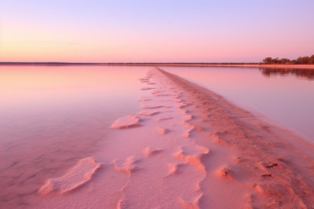 a shot of footprints in pink salt at the edge of the lake, created with generative aiの素材