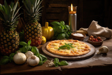 pineapple pizza on rustic table with ingredients scattered around, created with generative aiの素材
