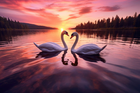a pair of white swans swimming in the pink lake during sunset, created with generative aiの素材