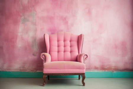 vintage pink armchair against a pastel colored wall, created with generative aiの素材