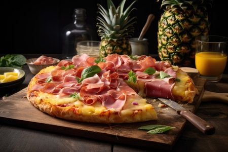 a pineapple pizza with raw ingredients pineapple, ham, cheese around it, created with generative aiの素材
