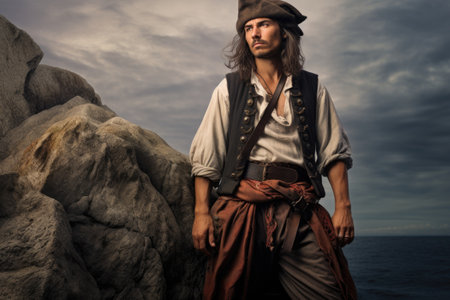 pirate in ragged clothes standing on a rocky cliff, created with generative aiの素材