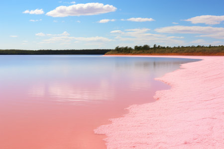 pink lake with a white, sandy beach on the foreground, created with generative aiの素材
