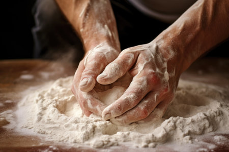 close-up of hands kneading pizza dough on a flour-dusted surface, created with generative aiの素材