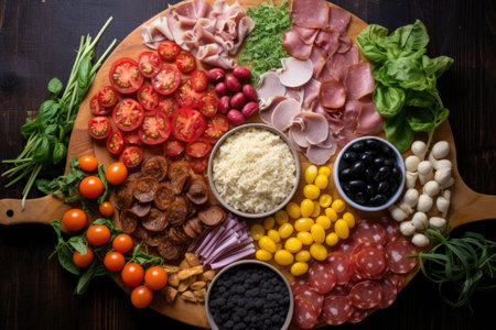 overhead shot of a pizza dough circle surrounded by a variety of toppings, created with generative aiの素材