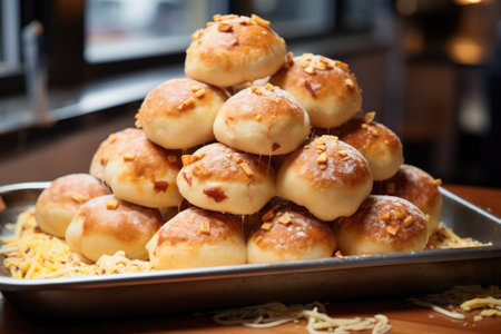a pile of pizza dough balls on a steel tray in a pizzeria, created with generative aiの素材