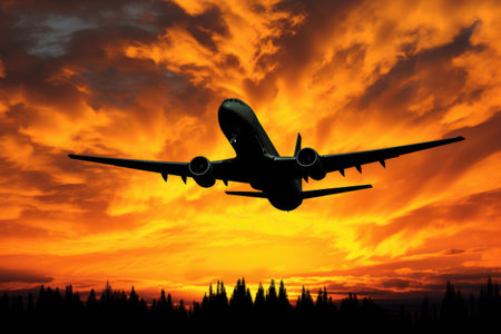 silhouette of a plane in flight blended with a sunset, created with generative aiの素材