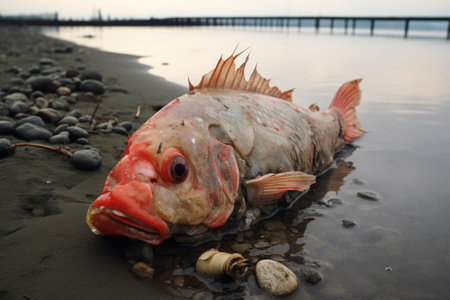a dead fish lying on the shore next to plastic waste, created with generative aiの素材